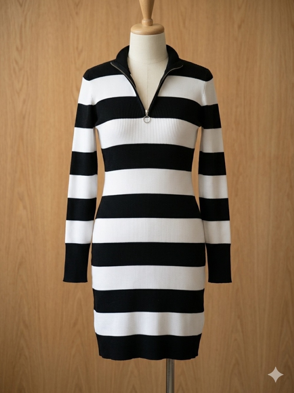 Fashion Nova Black & White Striped Zip-Front Long Sleeve Dress